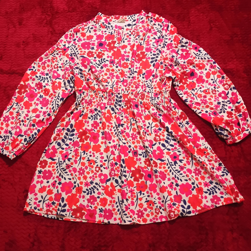 Southern Grace Red and Pink Bishop Sleeve Mini Sundress(New No Tag)